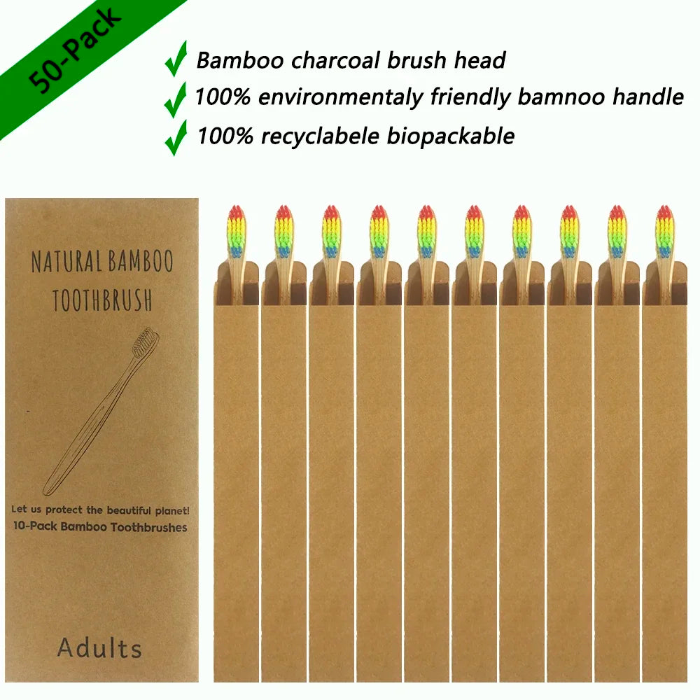 50/Pack Natural Bamboo Toothbrush Wood Toothbrushes Soft Bristles Capitellum Fiber Teeth brush Eco-Friendly Oral Care wholesale HIP 50Pcs Rainbow