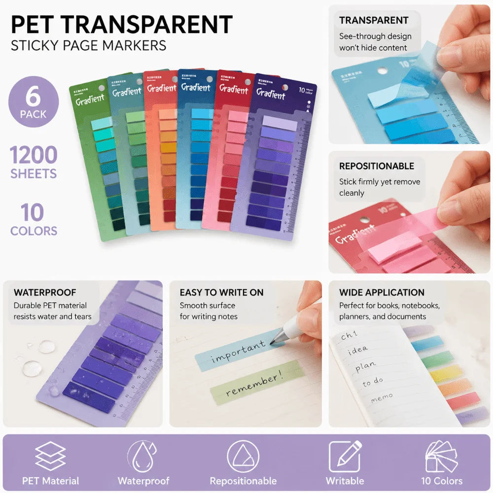 6-Pack Morandi Transparent PET Index Sticky Note Pads 1200 Sheets Index Sticky Note Pads HIP