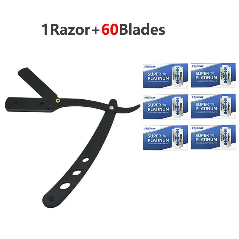 Men's Straight Edge Folding Razor – Stainless Steel + Blades Straight Edge Razor HIP C635-1Razor 60blades