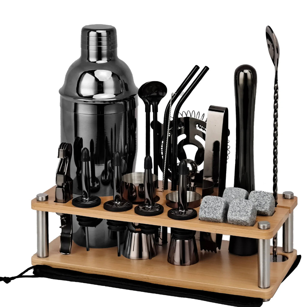 Cocktail Shaker Set with Wooden Stand Rack – Complete Barware Cocktail Shaker Set HIP