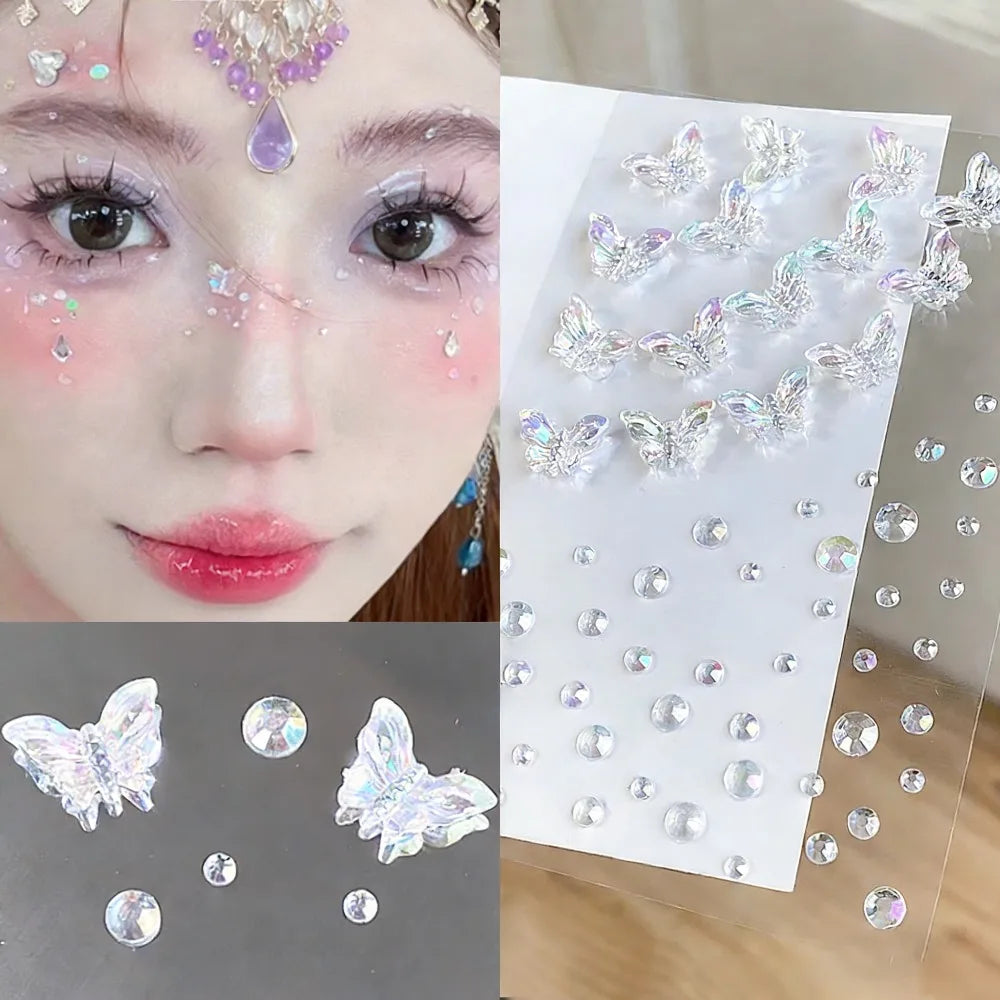 1Pcs 3D Acrylic Diamond Stickers Butterfly Crystal Patch Face Paste Stage Makeup Rhinestones Jewelry Mermaid Pearl Tattoo Tools HIP