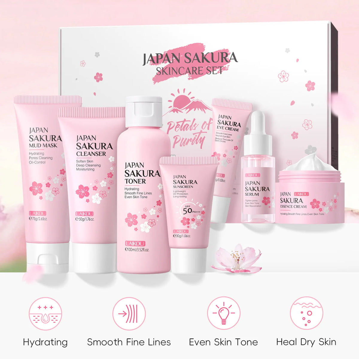 LAIKOU Sakura 7-Piece Skincare Set – Hydrate, Brighten & SPF50 Skincare Gift Set HIP