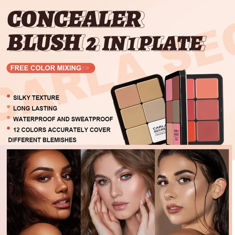 12-Color Iron Box Blusher Plate Multi-Color Cream Blush Plate Concealer Plate Contour and Highlighter Palette Makeup Blush Face HIP