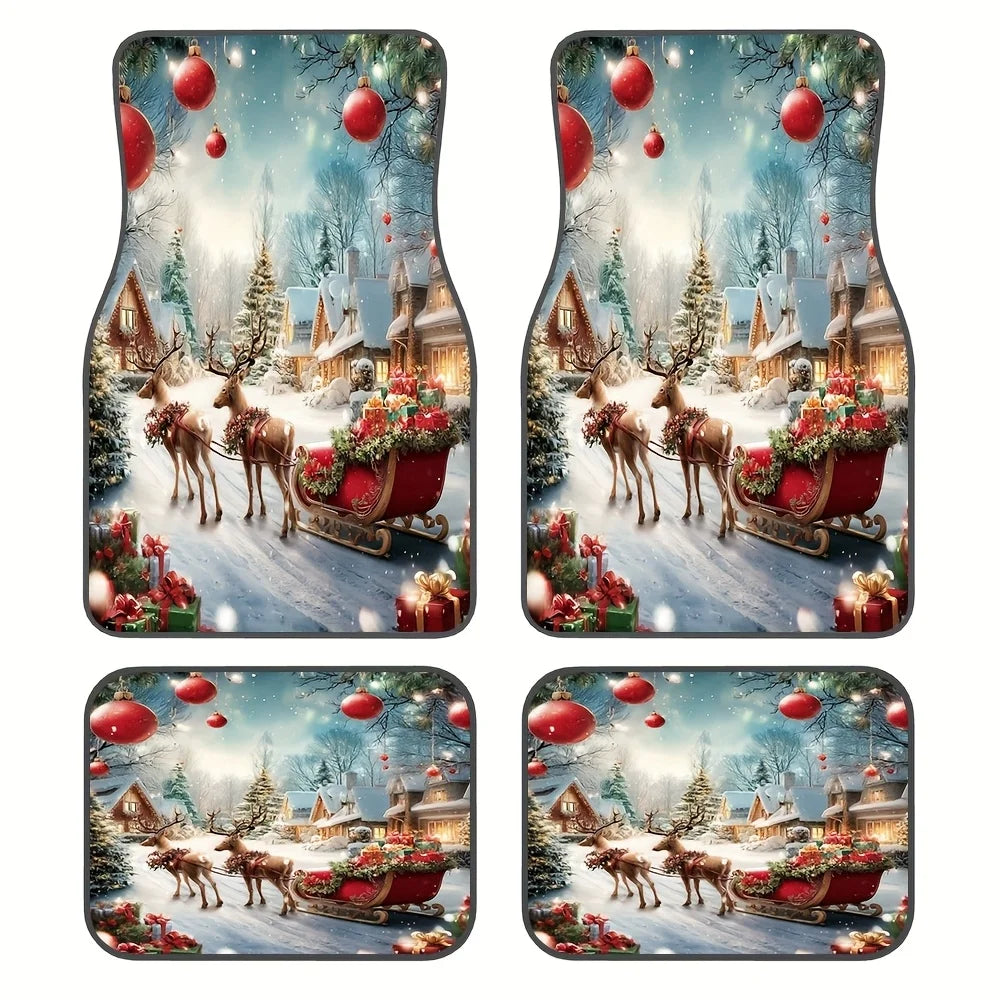 4-Piece Christmas Car Floor Mats – Santa Sleigh & Reindeer Car Floor Mats HIP 1 one size