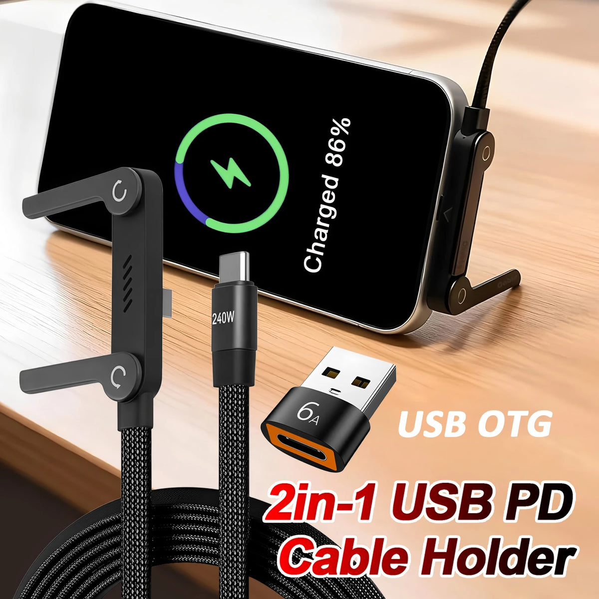 240W USB-C Fast Charge Cable with Foldable Phone Stand | 6A USB-C Charging Cable HIP