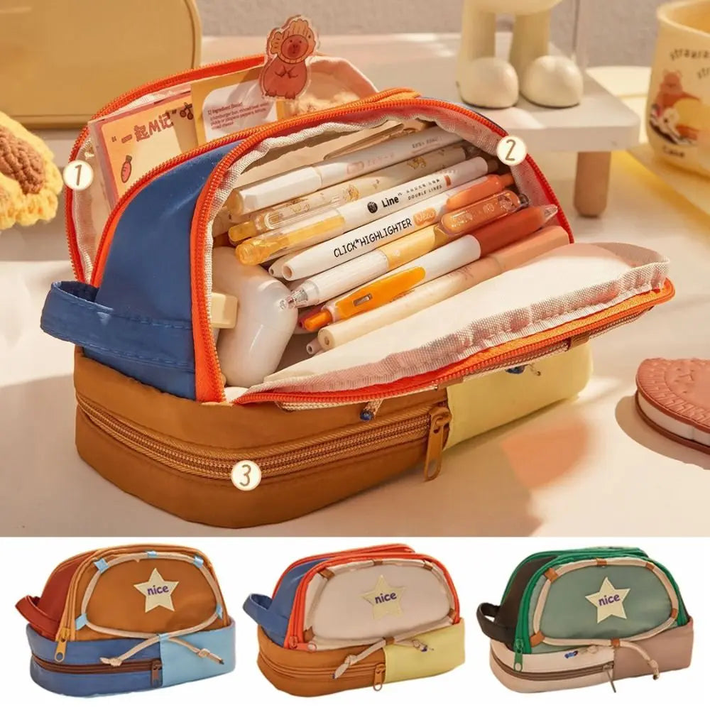 Canvas Tent Pencil Case – 3-Grid Large Capacity Pen Bag Pencil Case HIP