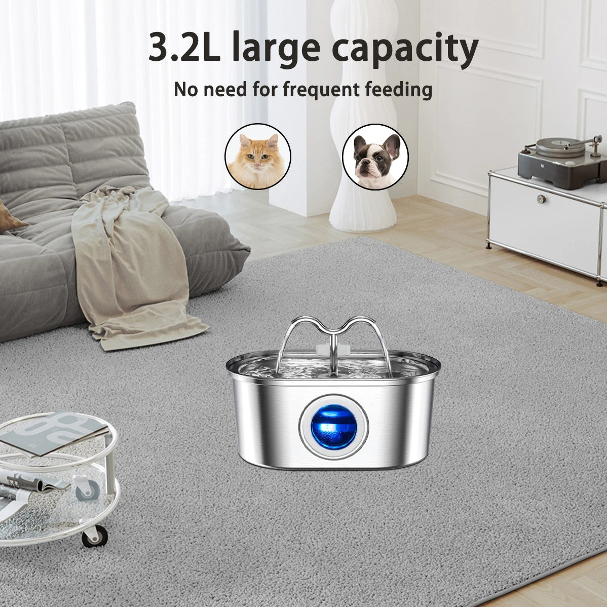 108oz/3.2L Cat Water Stainless Steel Pets Dispenser With LED Light Silent Pump Automatic Fountain For Cat Dog Drinking Bowl HIP