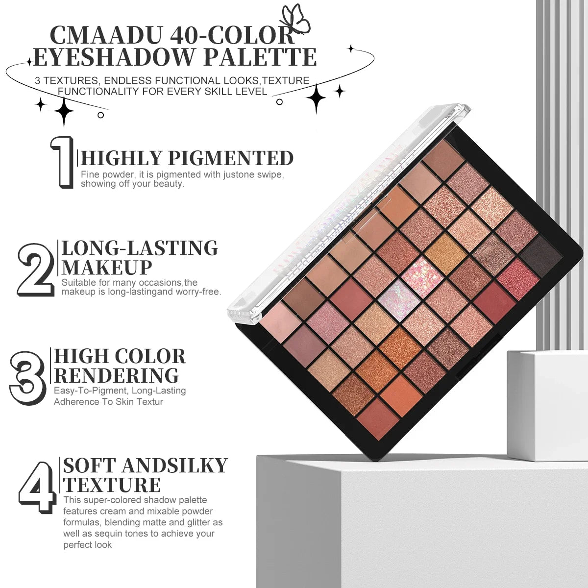 CmaaDu 40-Color Creamy Pearl Eyeshadow Palette – Waterproof Eyeshadow Palette HIP