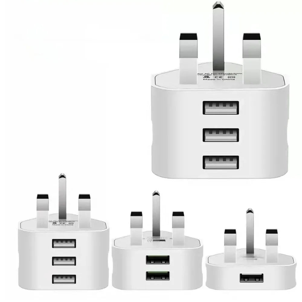 UK 3-Pin USB Wall Charger – 1/2/3-Port 5V Home Adapter USB Wall Charger HIP