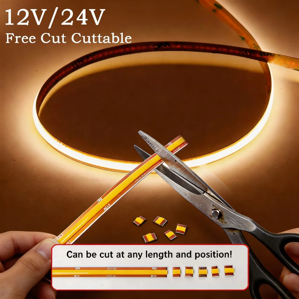 DC 12V/24V COB LED Strip Light 400/528 LEDs/m Free Cut 0.5–10M COB LED Strip Light HIP