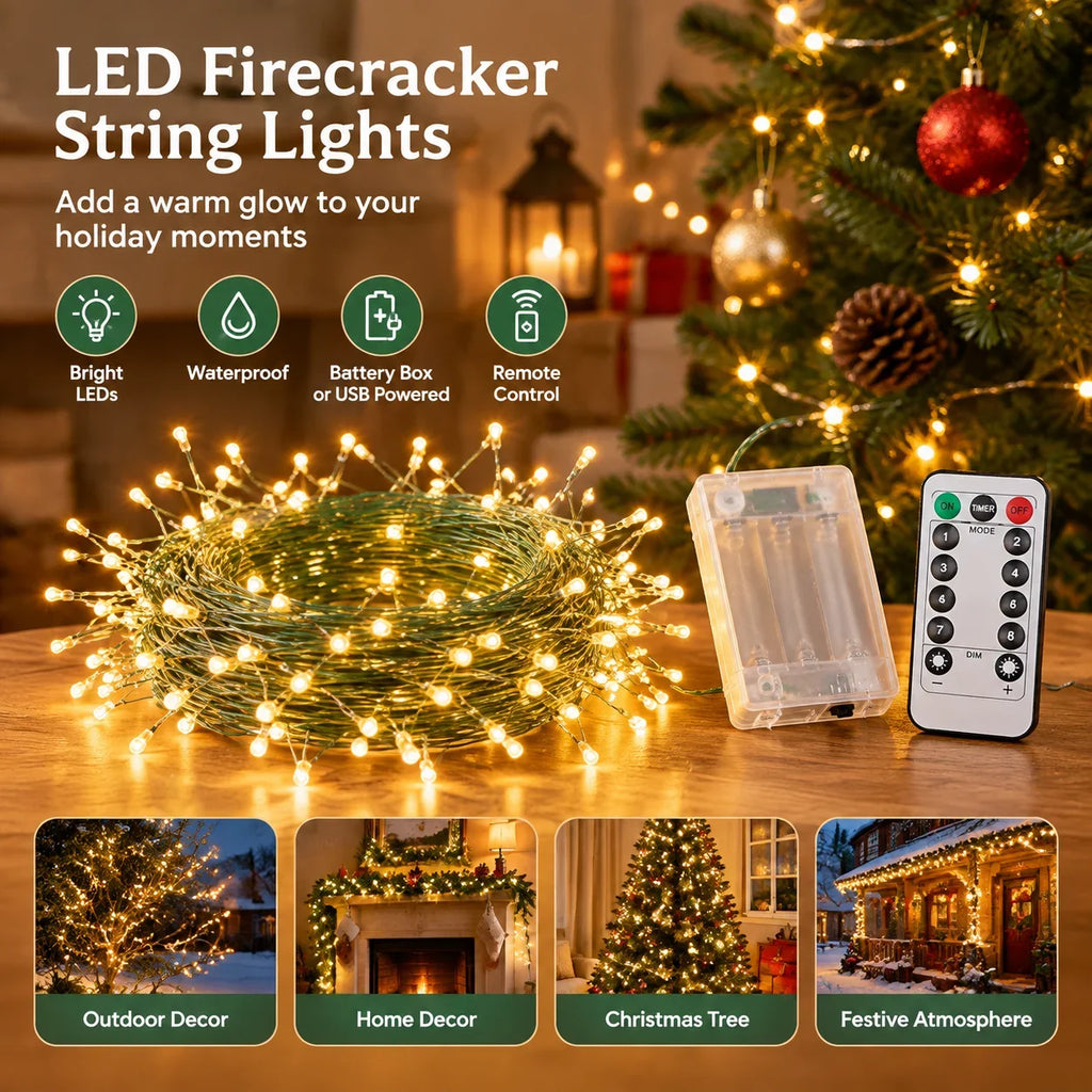 Waterproof Green/Silver Wire LED Copper Wire Firecracker String Lights Battery Box/USB Powered With Remote Christmas Decoration HIP