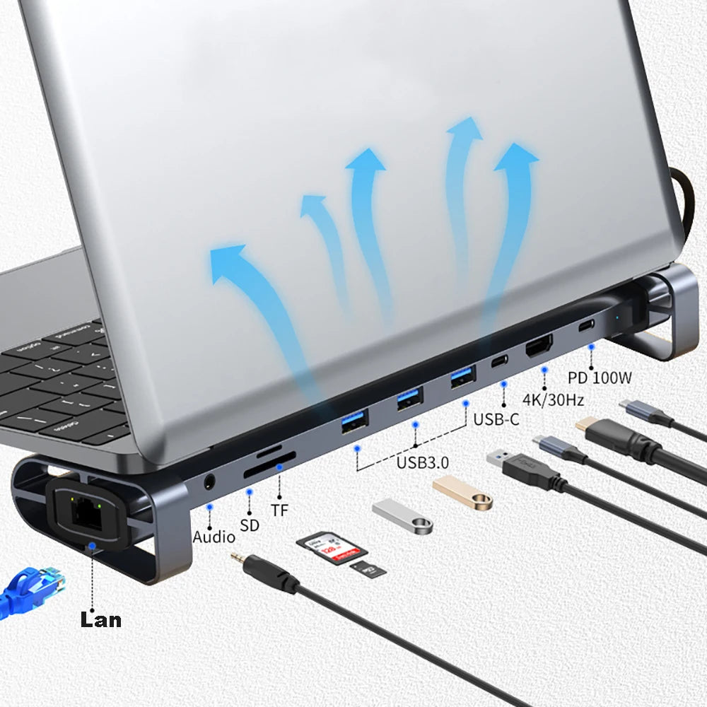 10-Port USB-C Hub & Laptop Stand – 4K HDMI, LAN, PD 100W USB-C Docking Hub HIP Default Title