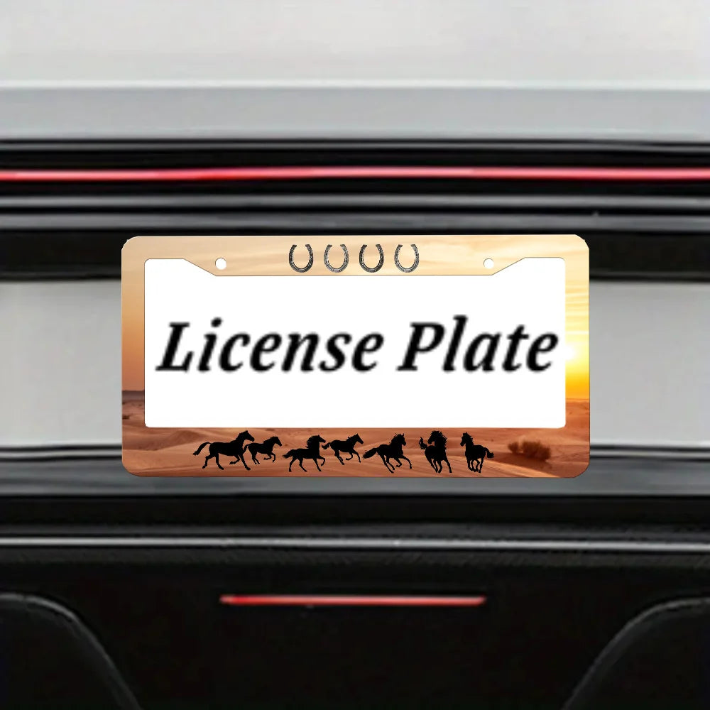 Aluminum Horseshoe License Plate Frame – Horse & Sunset Art License Plate Frame HIP