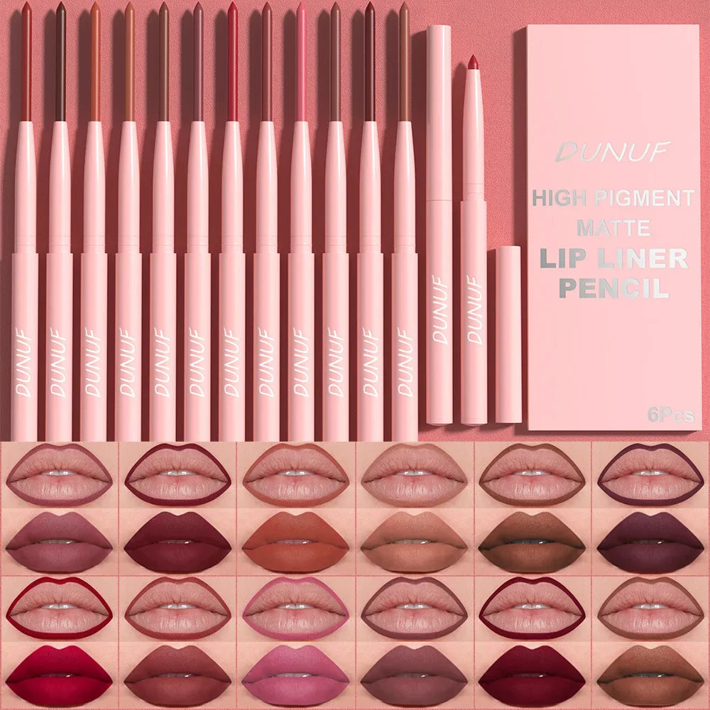 DUNUF 6-Pc Matte Lip Liner Set – Nude, Brown & Rose Red Lip Liner Set HIP