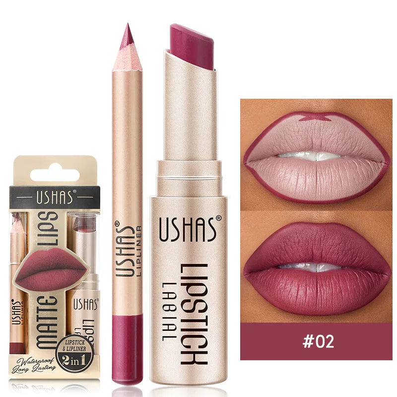 USHAS 12-Color Matte Lip Liner & Lipstick Set | Long Lasting Lip Liner & Lipstick Set HIP 02 3.6g Full Size