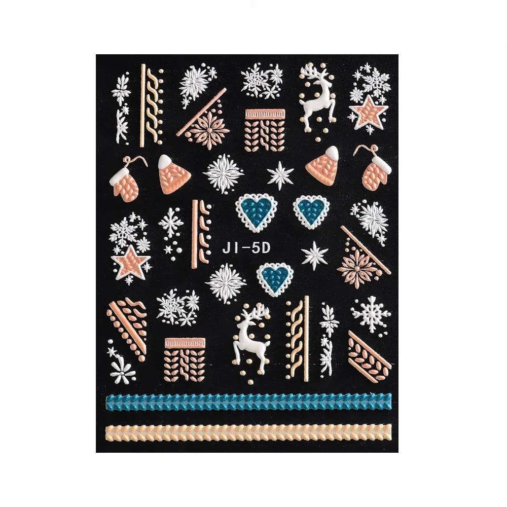 5D Embossed Santa Claus Gingerbread Man Elk Nail Art Stickers Christmas Cartoon Bear Snowman Tree Sliders New Year Xmas Decals HIP
