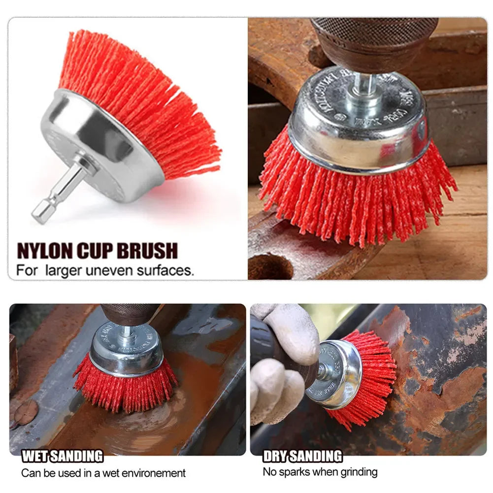 High Efficiency Nylon Polishing Brush Cleaning Brush with Handle Steel Wire Wheel Brush Rust Removal Drill Bit Rotary Tool Brush HIP