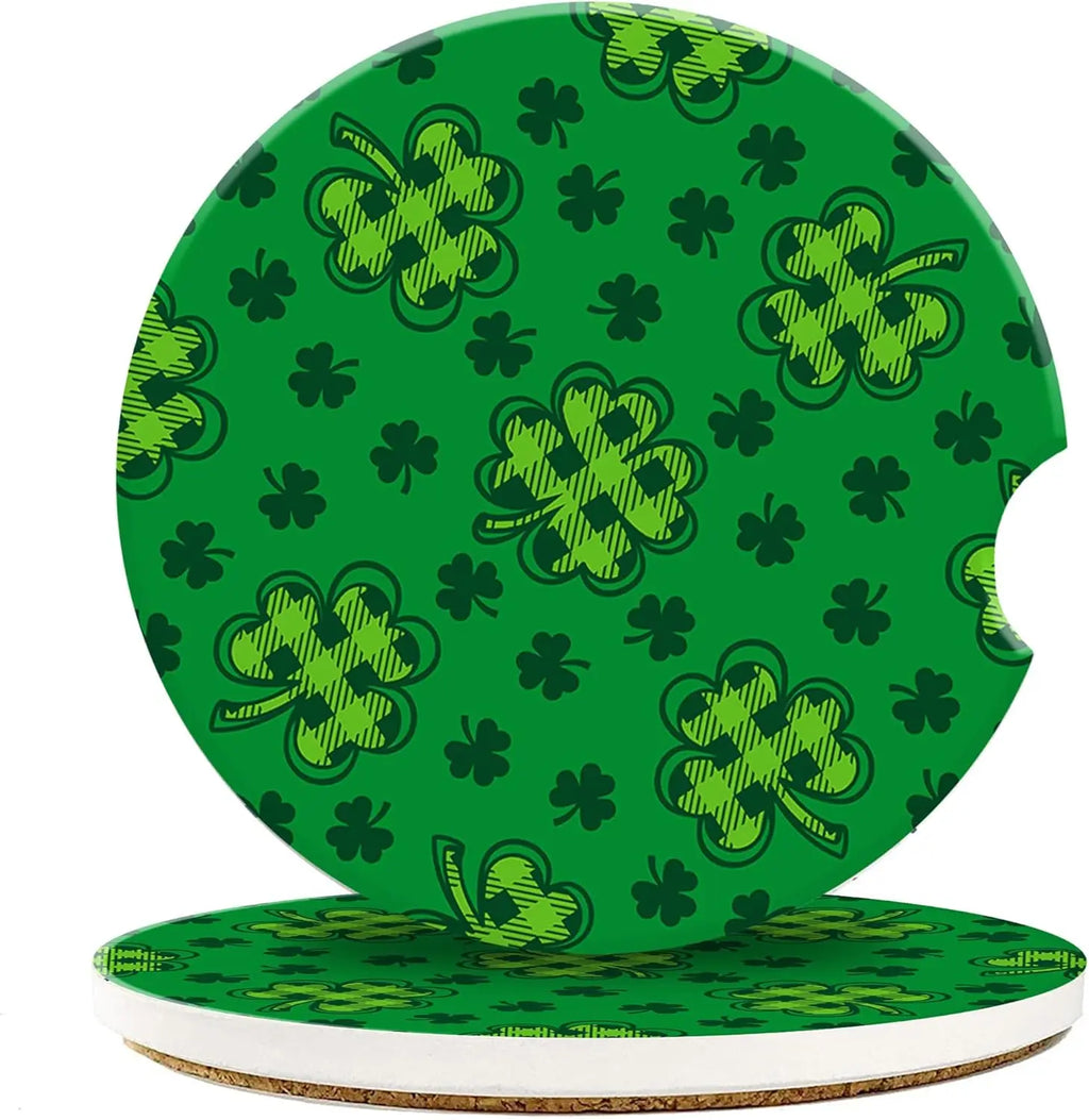Green Plaid Clover Ceramic Car Cup Coasters – 2 Pack Car Cup Coaster HIP 1 Other