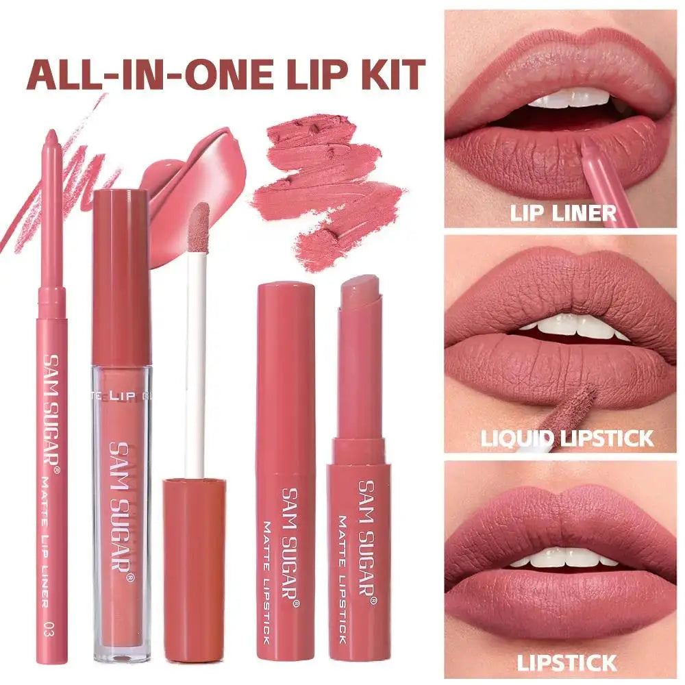 SAM SUGAR 3-in-1 Matte Lip Kit – Liner, Gloss & Lipstick Lip Makeup Kit HIP