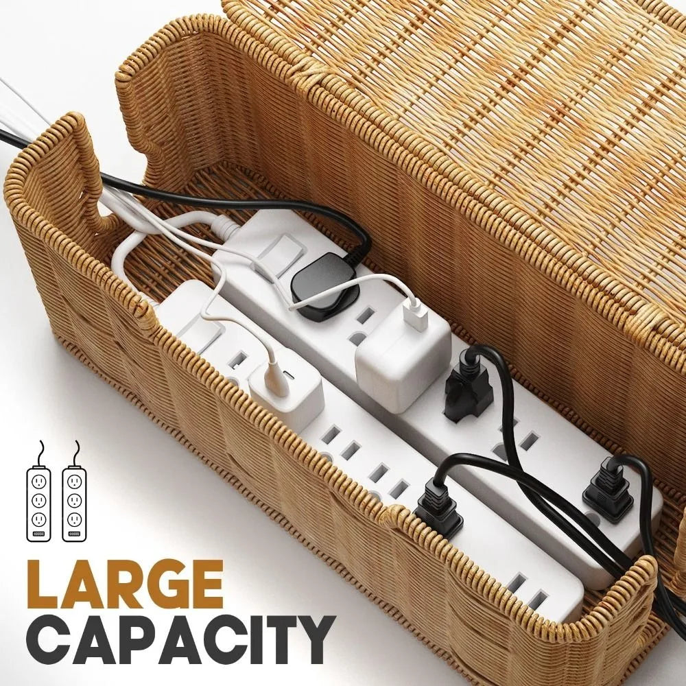 Rattan Cable Management Box with Lid – Cord Organizer Cable Management Box HIP