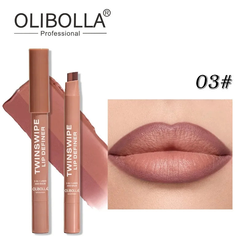 Cinnamon Lipstick Carving Matte 2 in 1 Dual Color Velvet Slanted Lip Liner Pencil Waterproof Long Lasting Women Daily Lip Makeup HIP 03