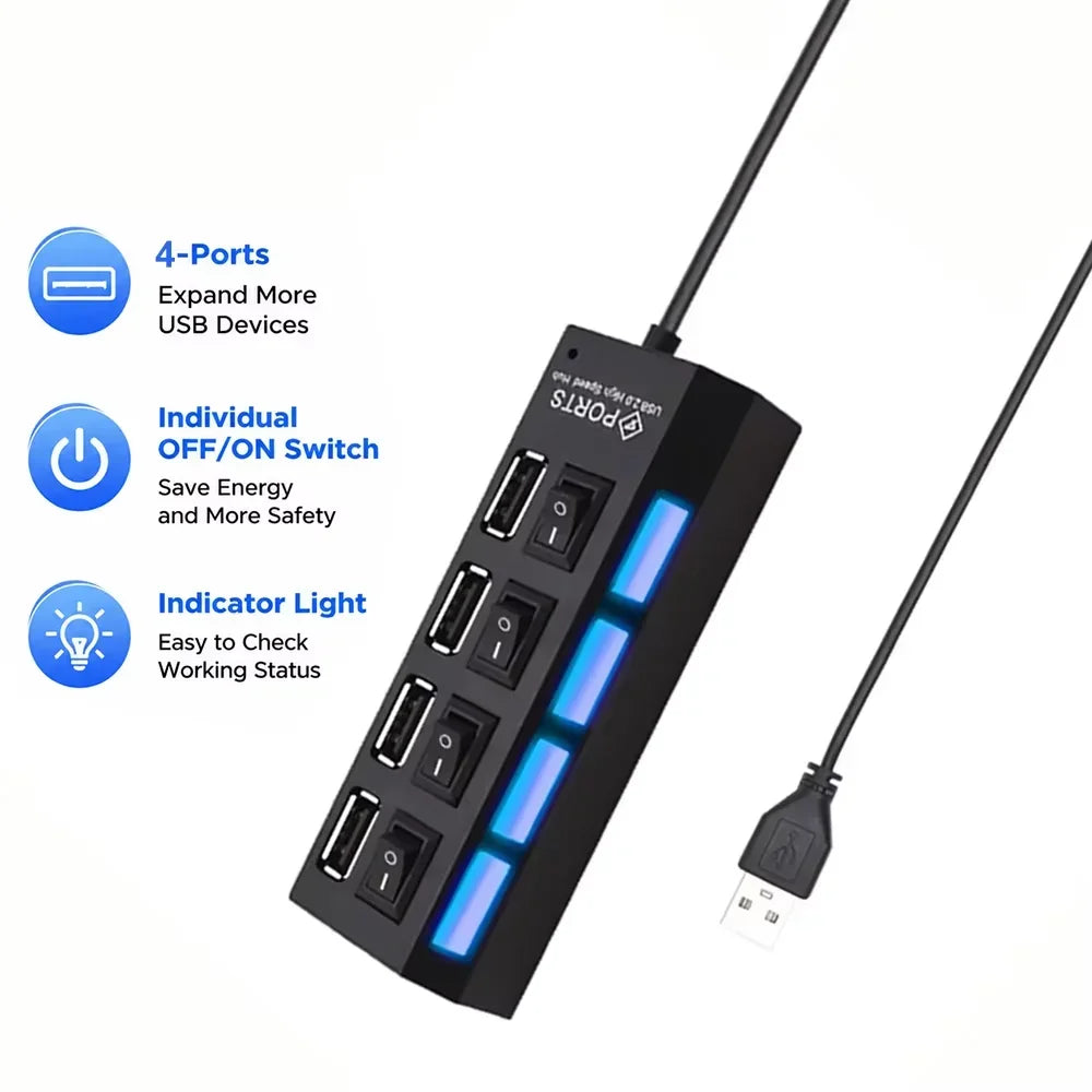 KEBIDUMEI USB 3.0 Hub 4 & 7 Port – Individual On/Off Switches USB Hub HIP Black-2.0-4 ports
