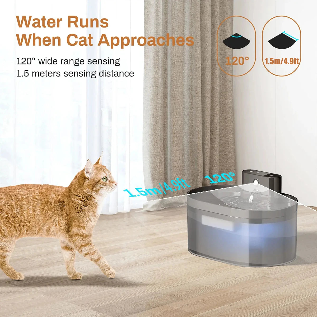 2.2L Wireless Automatic Cat Water Fountain Battery Powered Quiet Pet Dispenser with Motion Sensor 3/7 Filters HIP