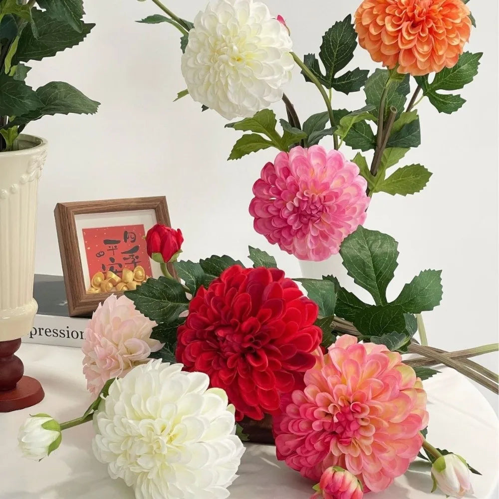 Silk Artificial Dahlia Flowers 2-Head Pink Faux Floral Stem Artificial Silk Flowers HIP