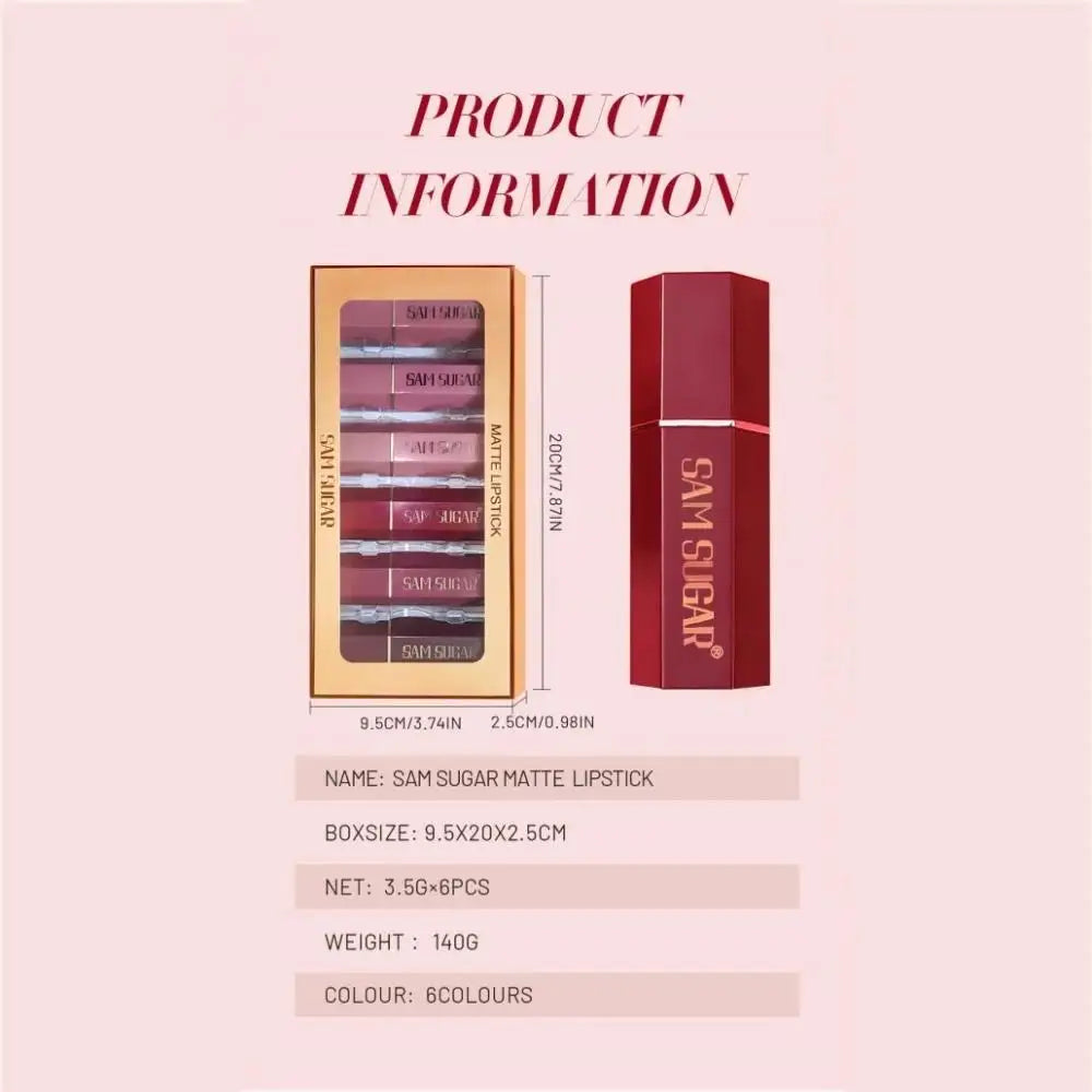 SAM SUGAR 6-Pc Matte & Pearlescent Lipstick Set | Long Lasting Lipstick Set HIP