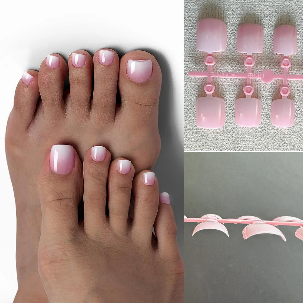 120Pcs Glossy Nude Pink French Press-On-Toenail Set 1*Box Short French Square Fake Toe Nails Solid-Color Manicure Toenails Tips HIP