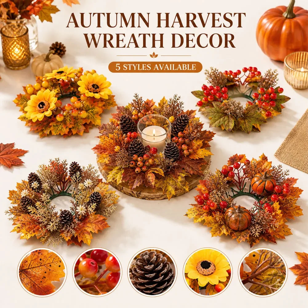 Thanksgiving Table Mantel Shelf Decor Fall Candle Ring Wreath Artificial Maple Leaves Berry Pinecone For Pillar Candle HIP