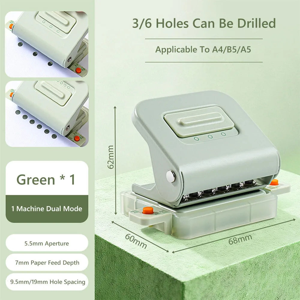 Portable Mini Loose-Leaf Hole Puncher – 3 & 6 Hole Paper Punch Mini Hole Puncher HIP 3-6holes Green