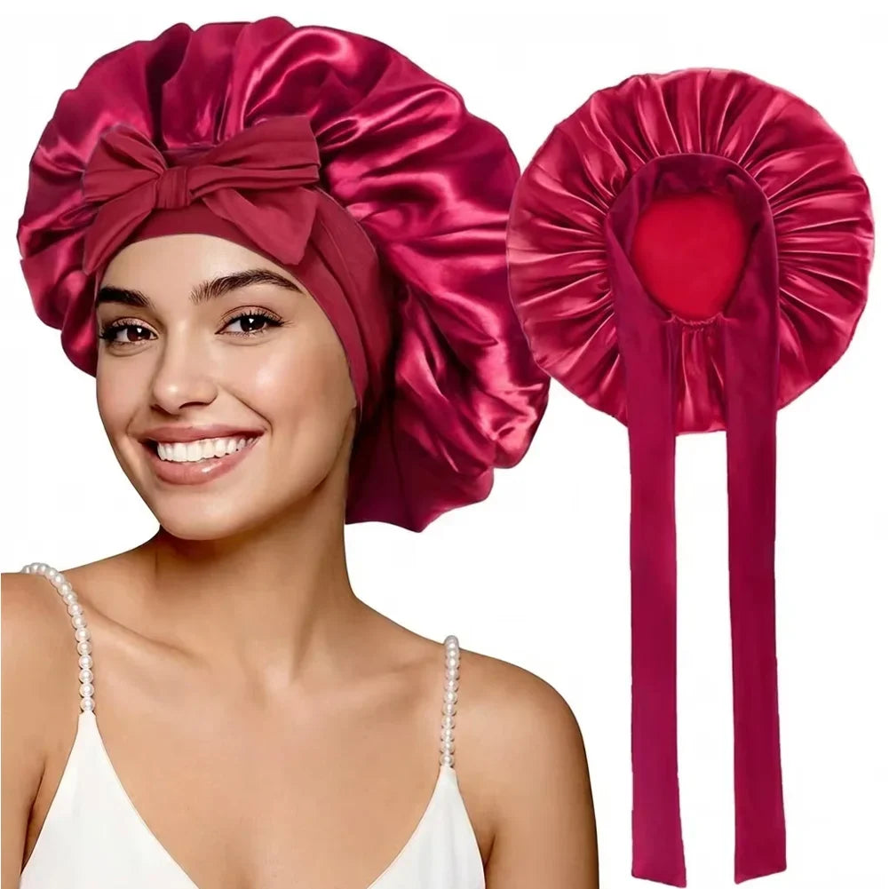 Universal Bathing Hair Head Cover Reusable Wide Brim Hair Protection Hat with Stretchy Tie Band Satin Sleeping Bonnet Shower Cap HIP