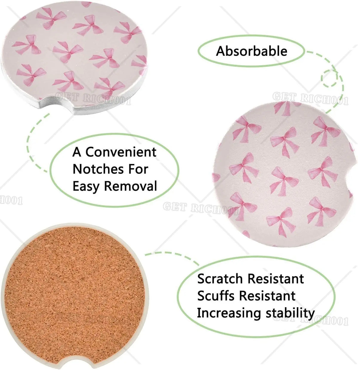 Kawaii Pink Bow Car Cup Holder Coasters – 2 Pack Ceramic Cork Car Cup Holder Coasters HIP