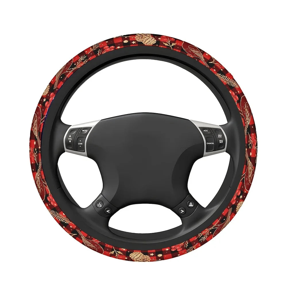 Christmas Plaid Bird & Pinecone Car Steering Wheel Cover Steering Wheel Cover HIP