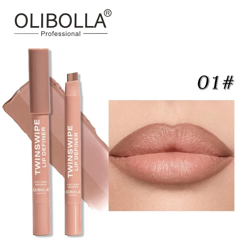 Cinnamon Lipstick Carving Matte 2 in 1 Dual Color Velvet Slanted Lip Liner Pencil Waterproof Long Lasting Women Daily Lip Makeup HIP 01