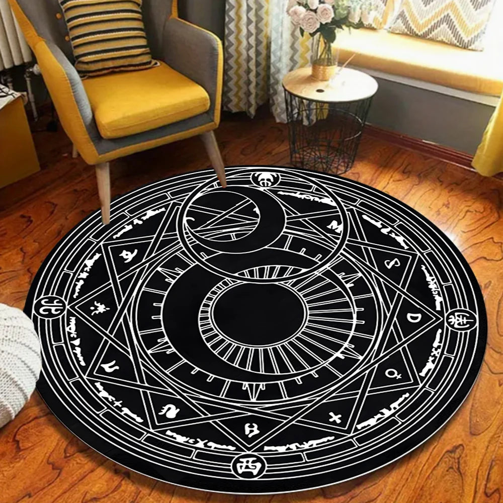 Round Circle Area Rug – Sun & Moon Vintage Gold Design Round Area Rug HIP 1 120X120CM