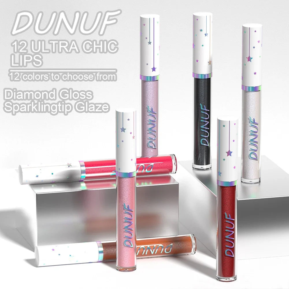 DUNUF Diamond Shimmer Lip Gloss – 12 Colors, Waterproof Shimmer Lip Gloss HIP