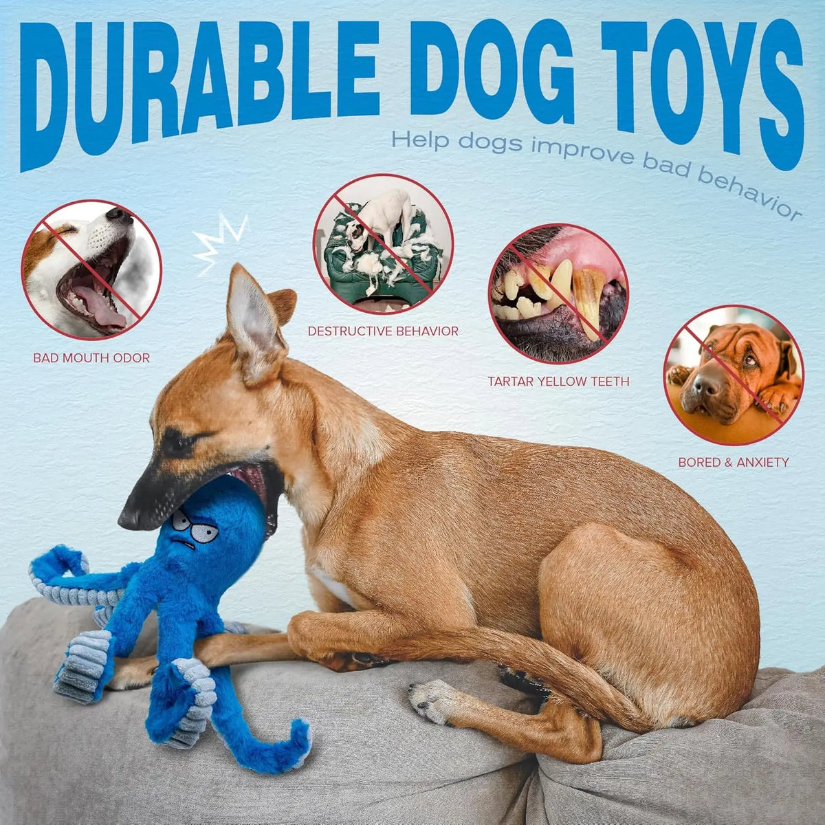 Tough Stuffed Dog Chew Toy – Squeaky Crinkle Octopus Tug Toy Squeaky Dog Toy HIP