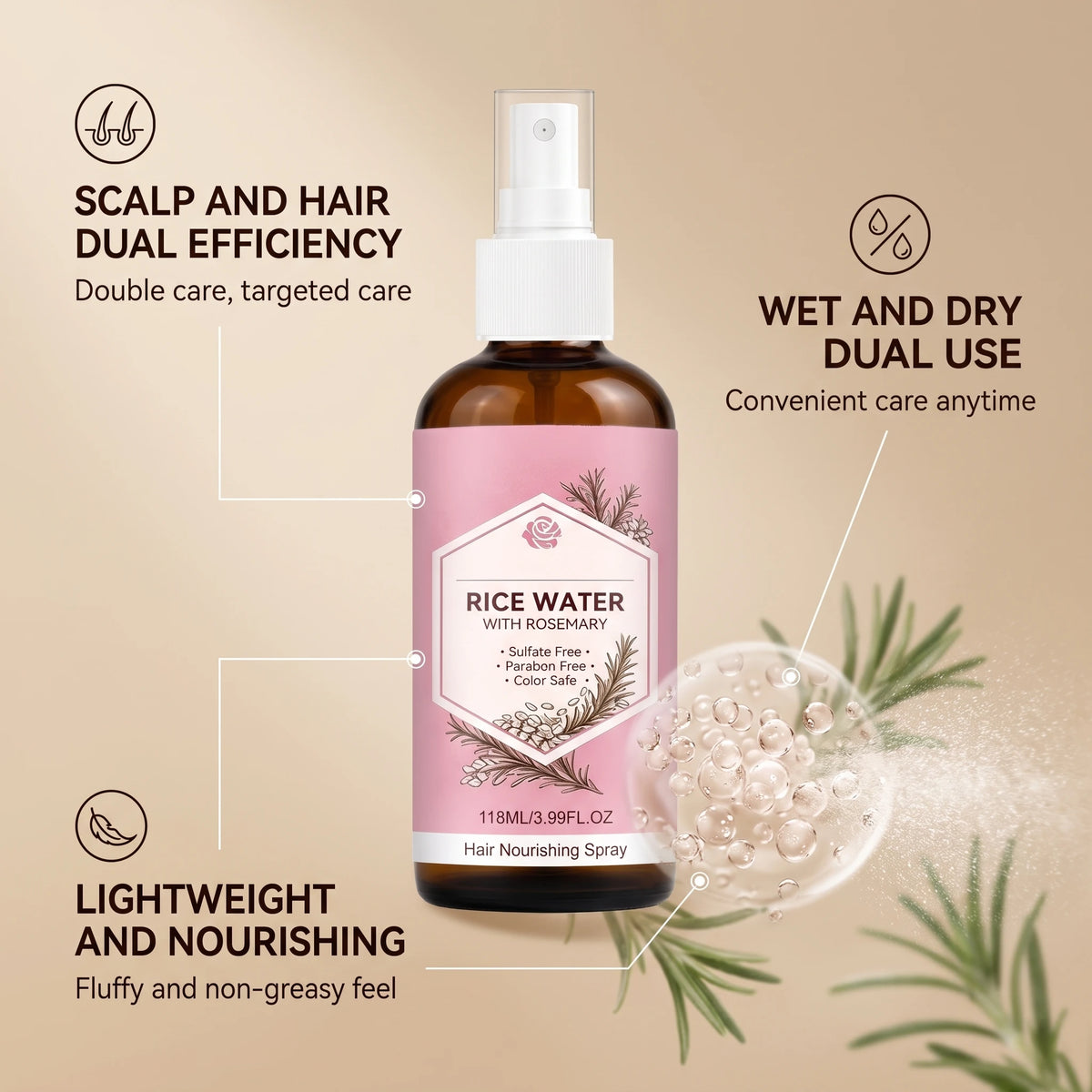 Rosemary Oil Hair Spray – Nourish, Shine & Frizz Control Leave-In Hair Mist HIP