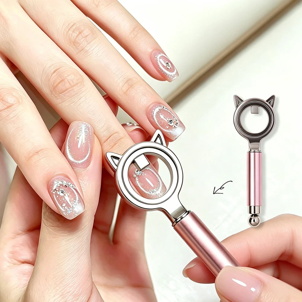 2-in-1 Kitty Round Ring Cat Eye Magnet Powerful Circle Magnetic Ball for Galaxy French Hollow Nail Art Gel Polish Manicure Tool HIP Pink-1Pc