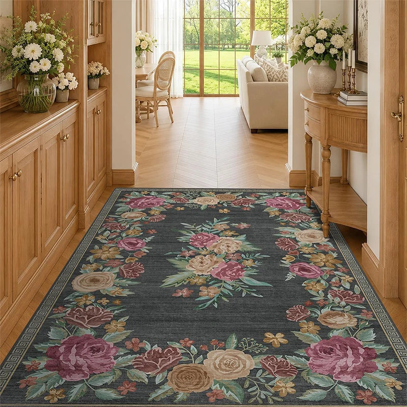 Retro Floral Rose Area Rug – Non-Slip & Machine Washable Floral Area Rug HIP