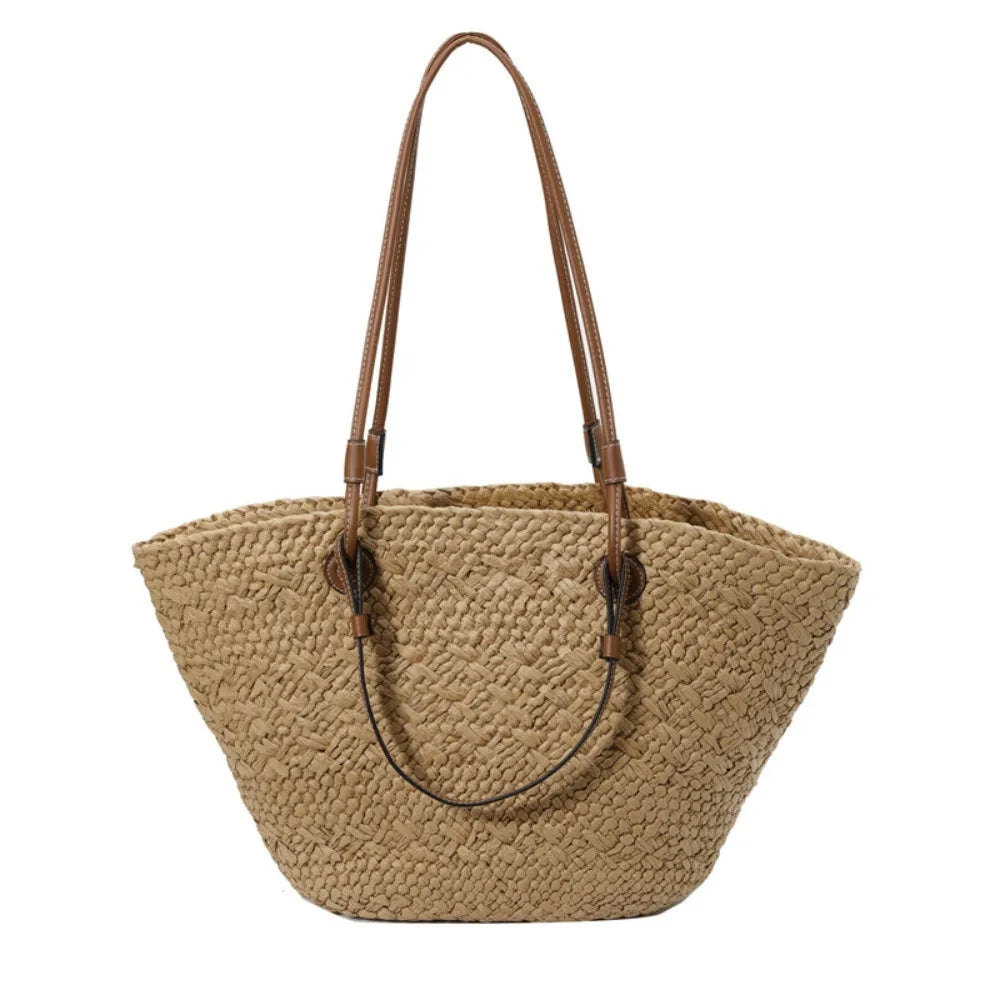 Handmade Straw Woven Tote Bag – Large Summer Shoulder Bag Straw Tote Bag HIP Khaki