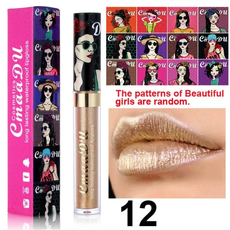 Cmaadu shimmer lip gloss beauty girl diamond glitter lip tint waterproof long lasting 12 color gold flash liquid lipstick makeup HIP 12