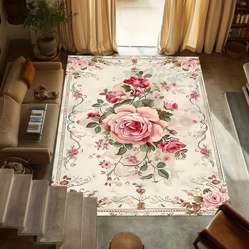 French Vintage Pink Rose Floral Rug – Non-Slip Floor Mat Floral Area Rug HIP