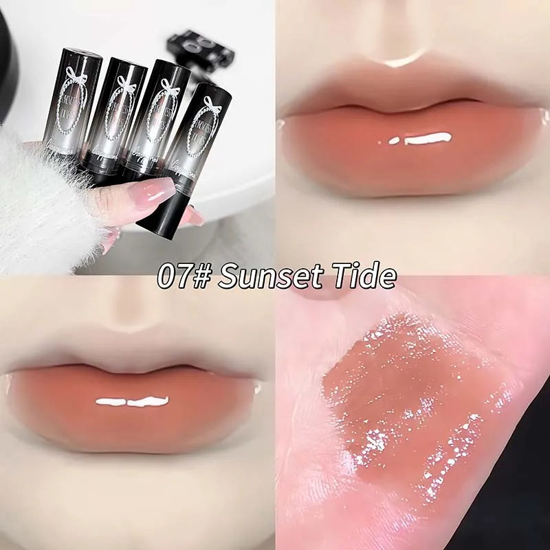 Caramel Brown Solid Lip Gloss Moisturizing Lace Bow Mirror Glass Jelly Lipstick Non Stick Cup Water Light Plump Lip Tint Makeup HIP 07