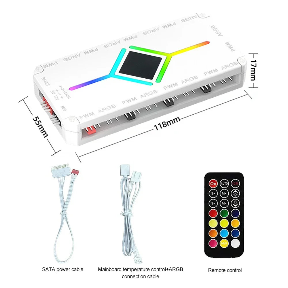 KEBIDUMEI 9-Port ARGB PWM Fan Hub with Remote & Controller PWM Fan Hub Controller HIP White