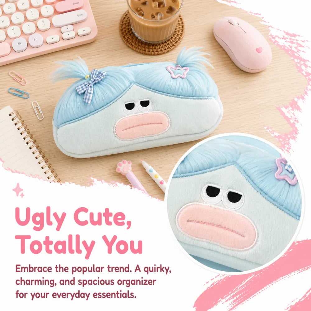 Cute Ugly Plush Pencil Case with Ponytail – Cartoon Pouch Plush Pencil Case HIP