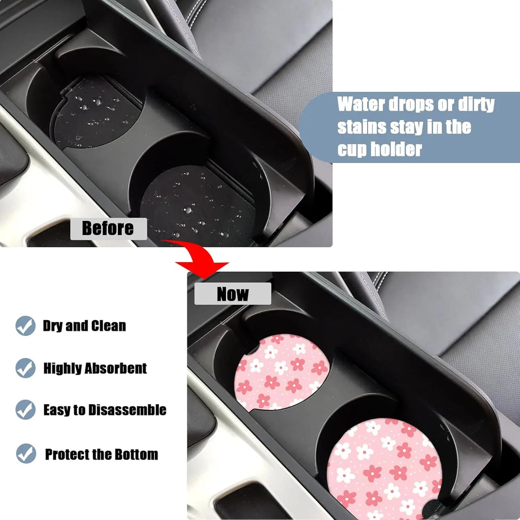 Boho Ceramic Car Cup Holder Coasters White Pink – 2 Pack Car Cup Coasters HIP