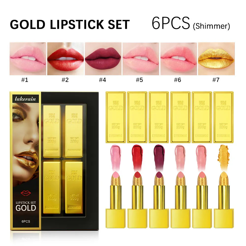 6pcs Matt Lipstick Set Gold Brick Matte Red Pink Waterproof Long Lasting Lipsticks Lip Tint Girl Lipsticks for Girls Woman Pack HIP 6 colors 1 box